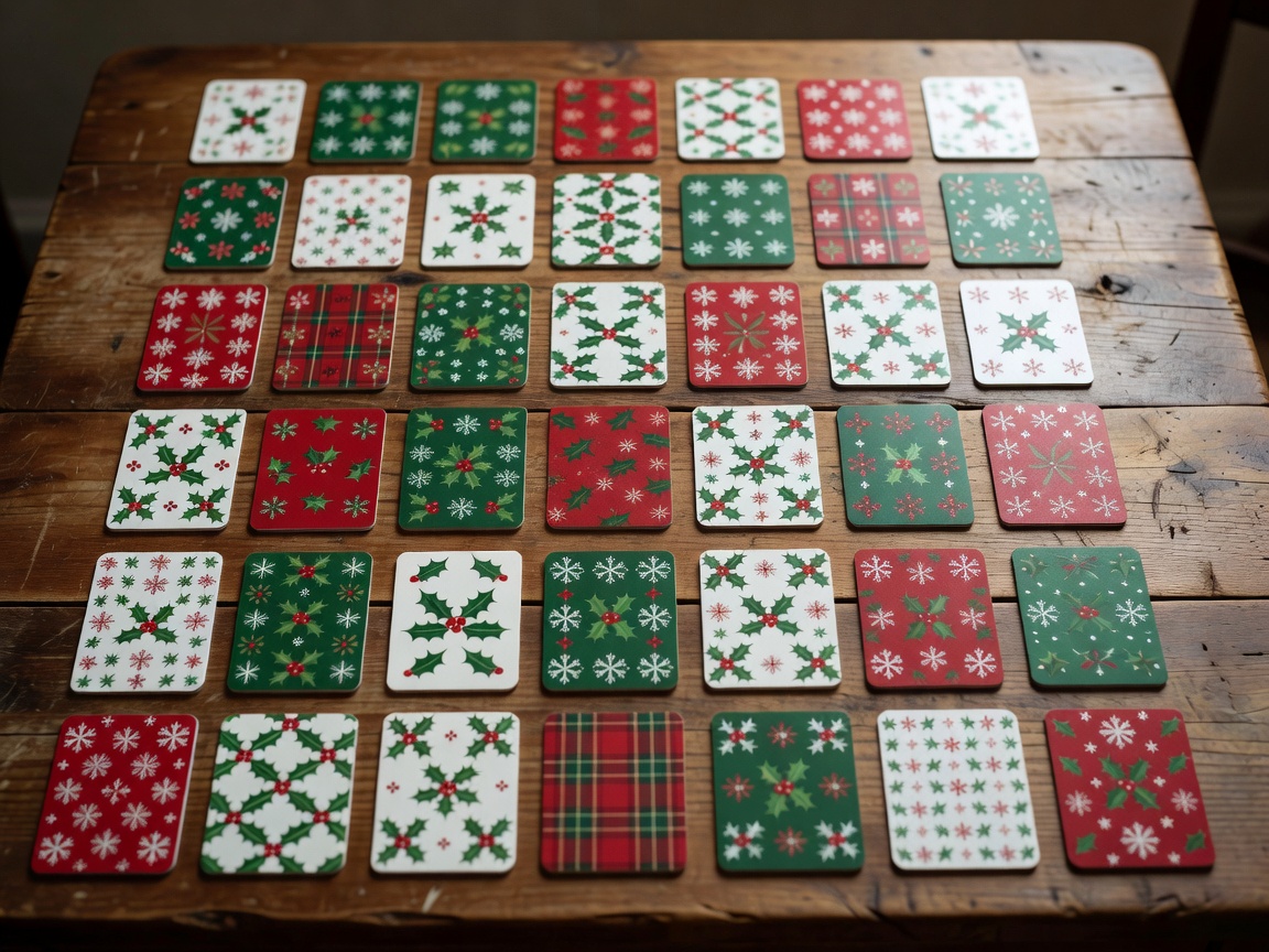 A grid of Christmas cards laid face down on a wooden table