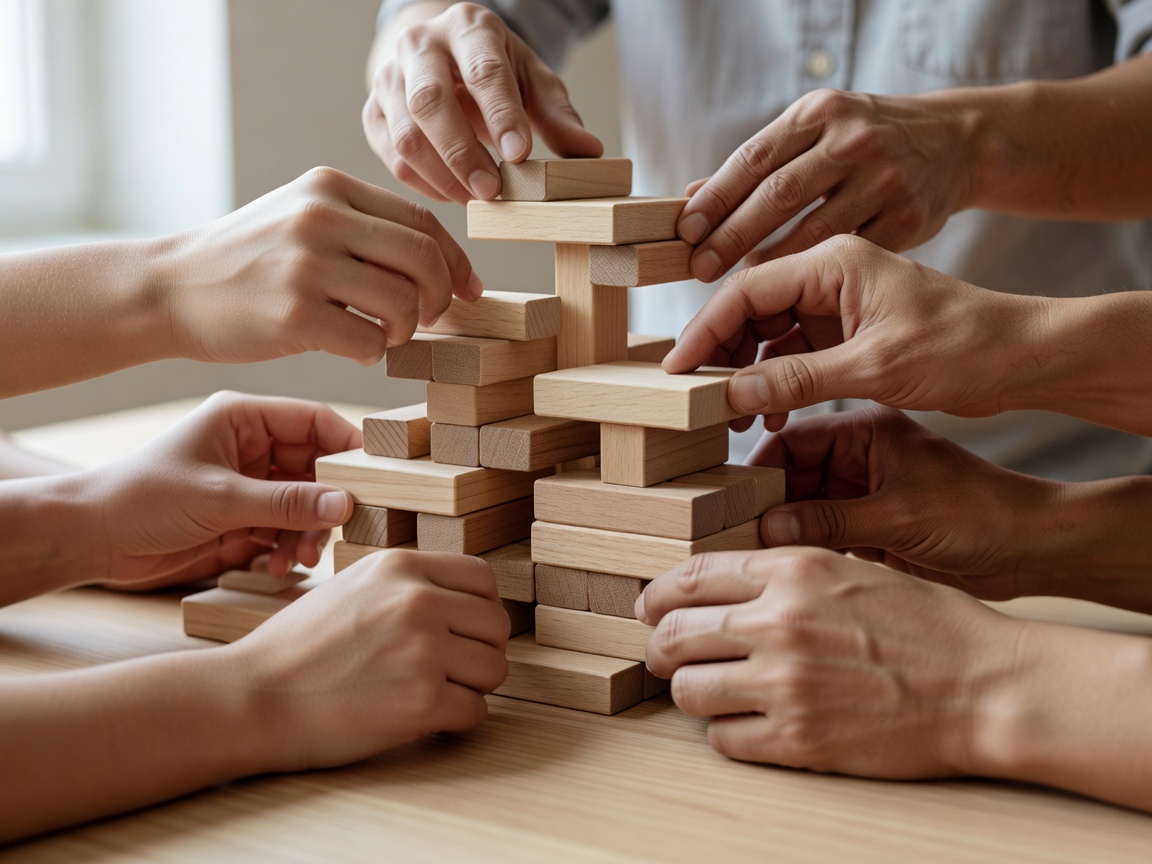 Multiple hands arranging wooden blocks together in a unified structure
