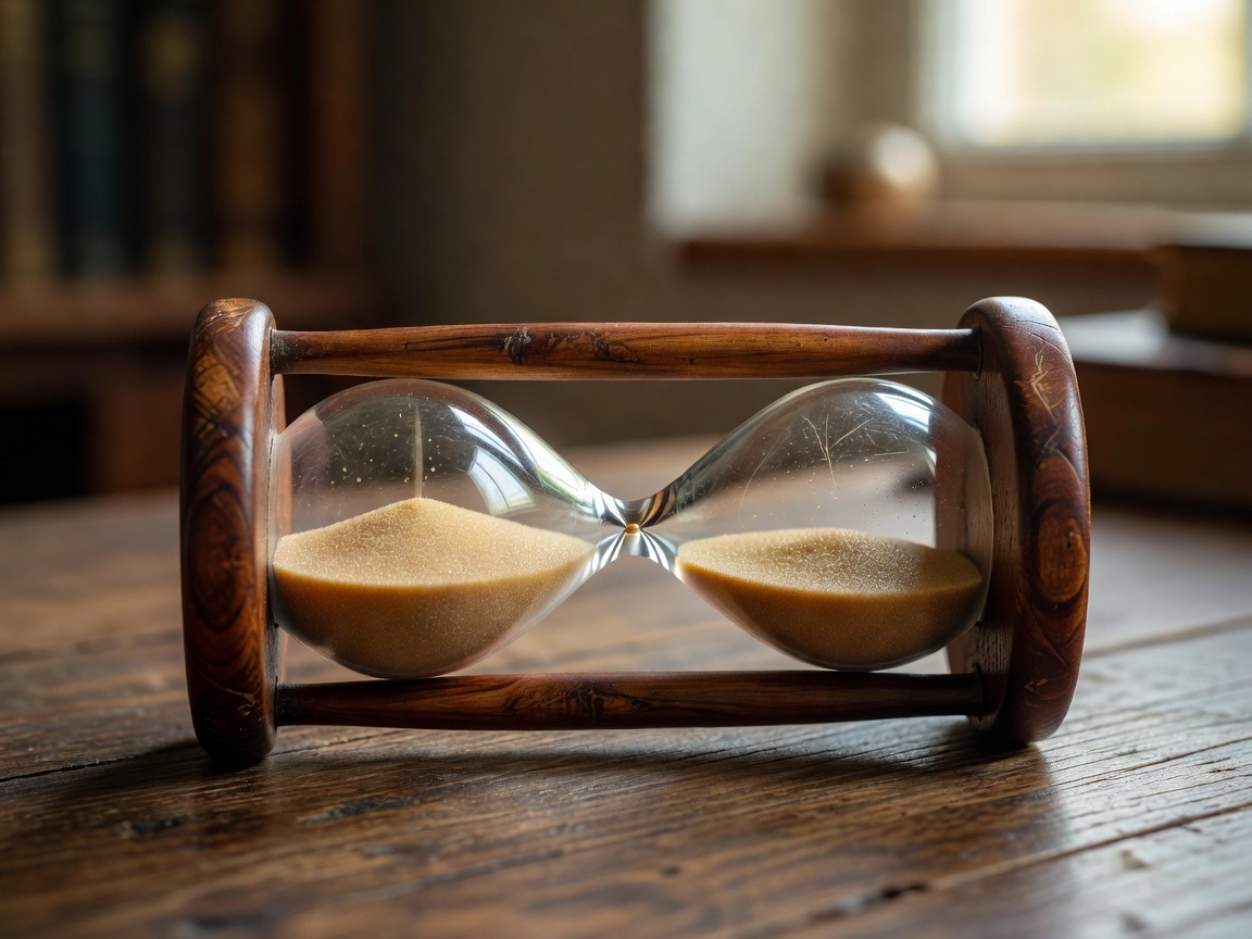 A small wooden hourglass laid horizontally to stop the sand from flowing