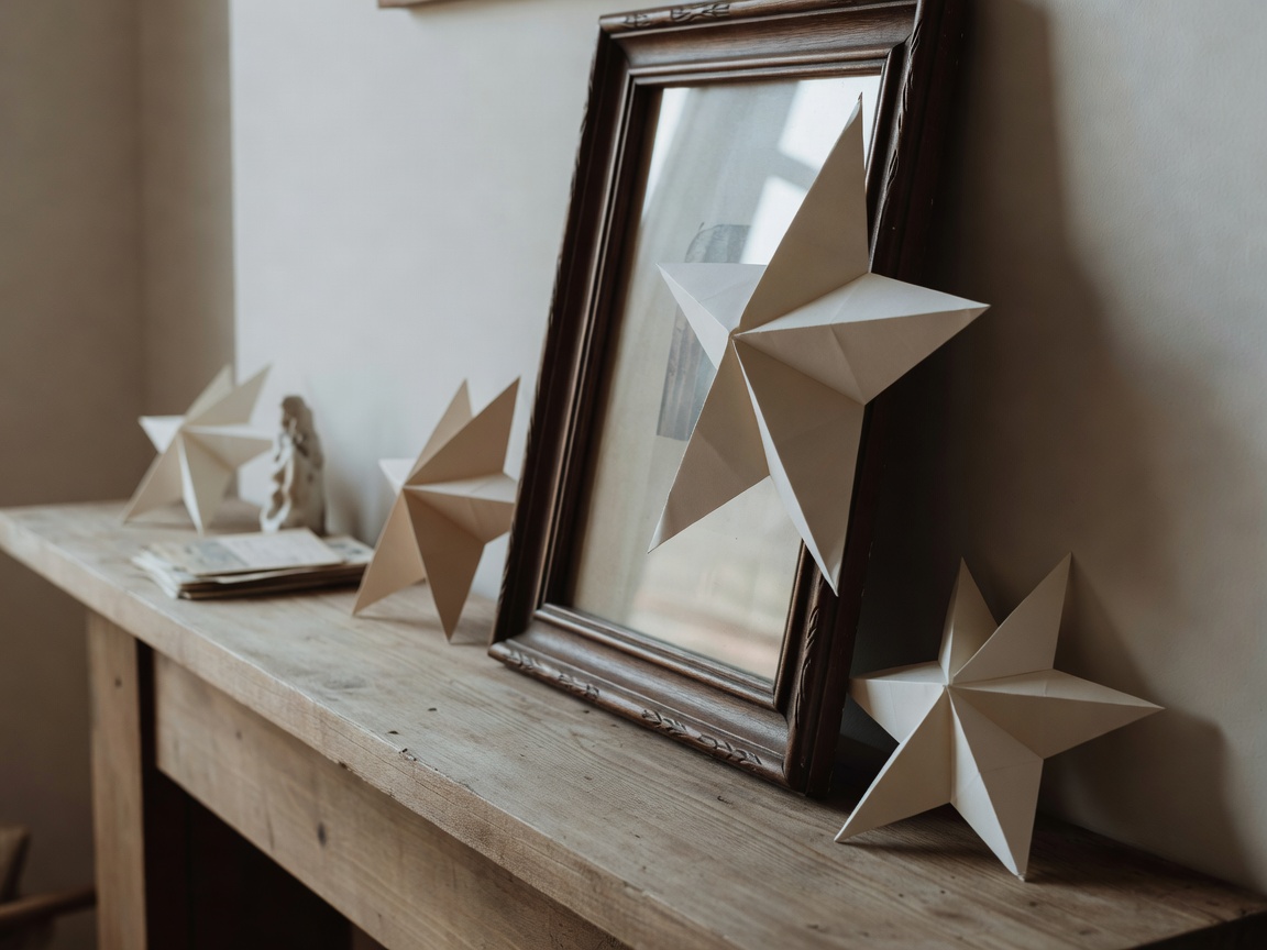 A paper star subtly tucked behind a picture frame on a mantle