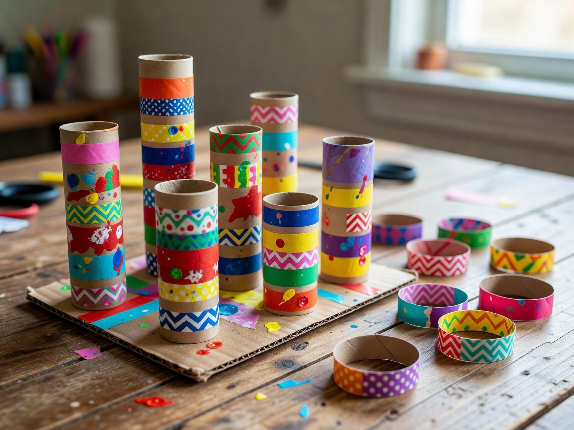 Decorated cardboard tubes secured to a base, with paper rings beside them