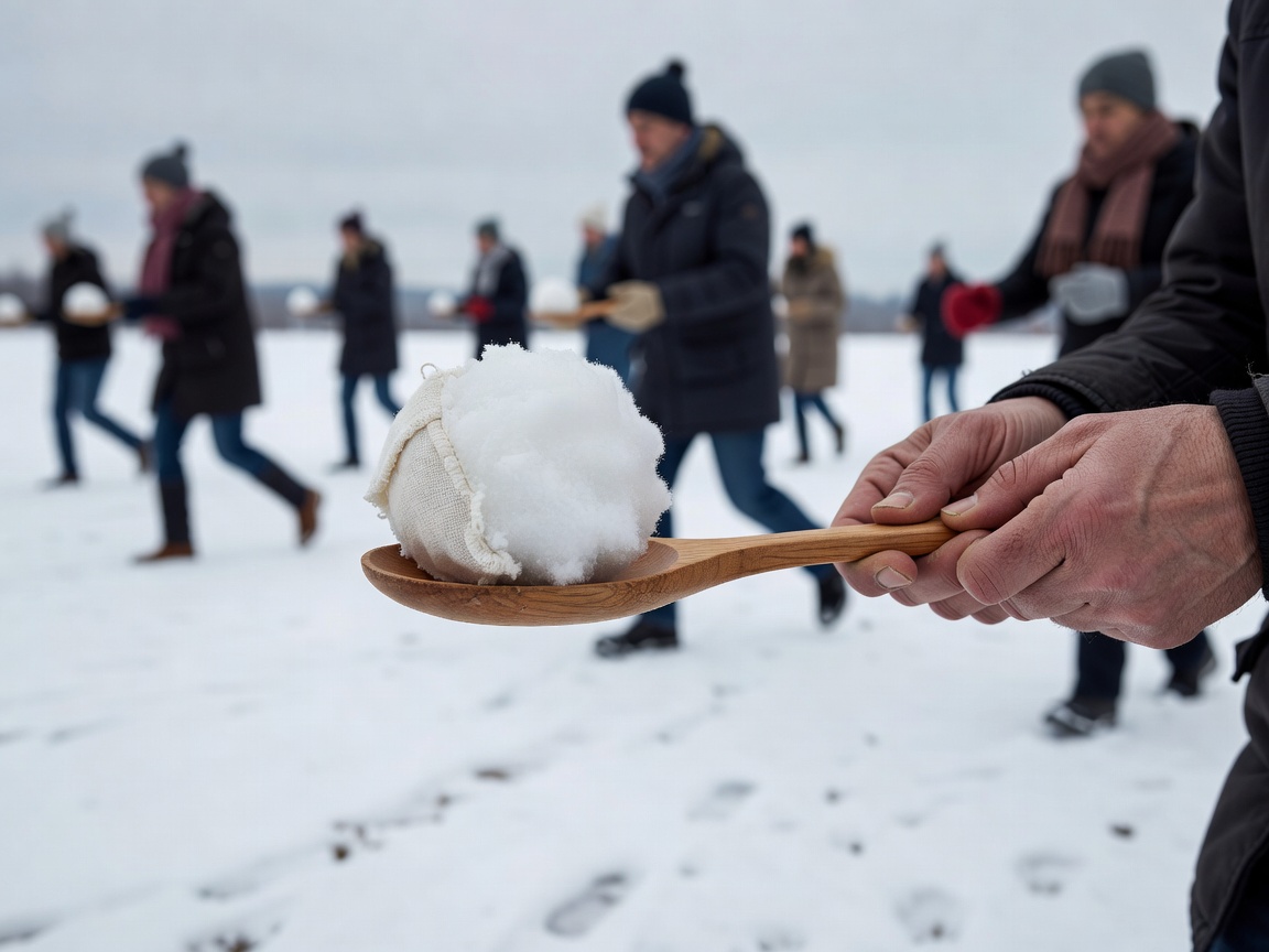 A wooden spoon holding a fabric snowball, balanced carefully